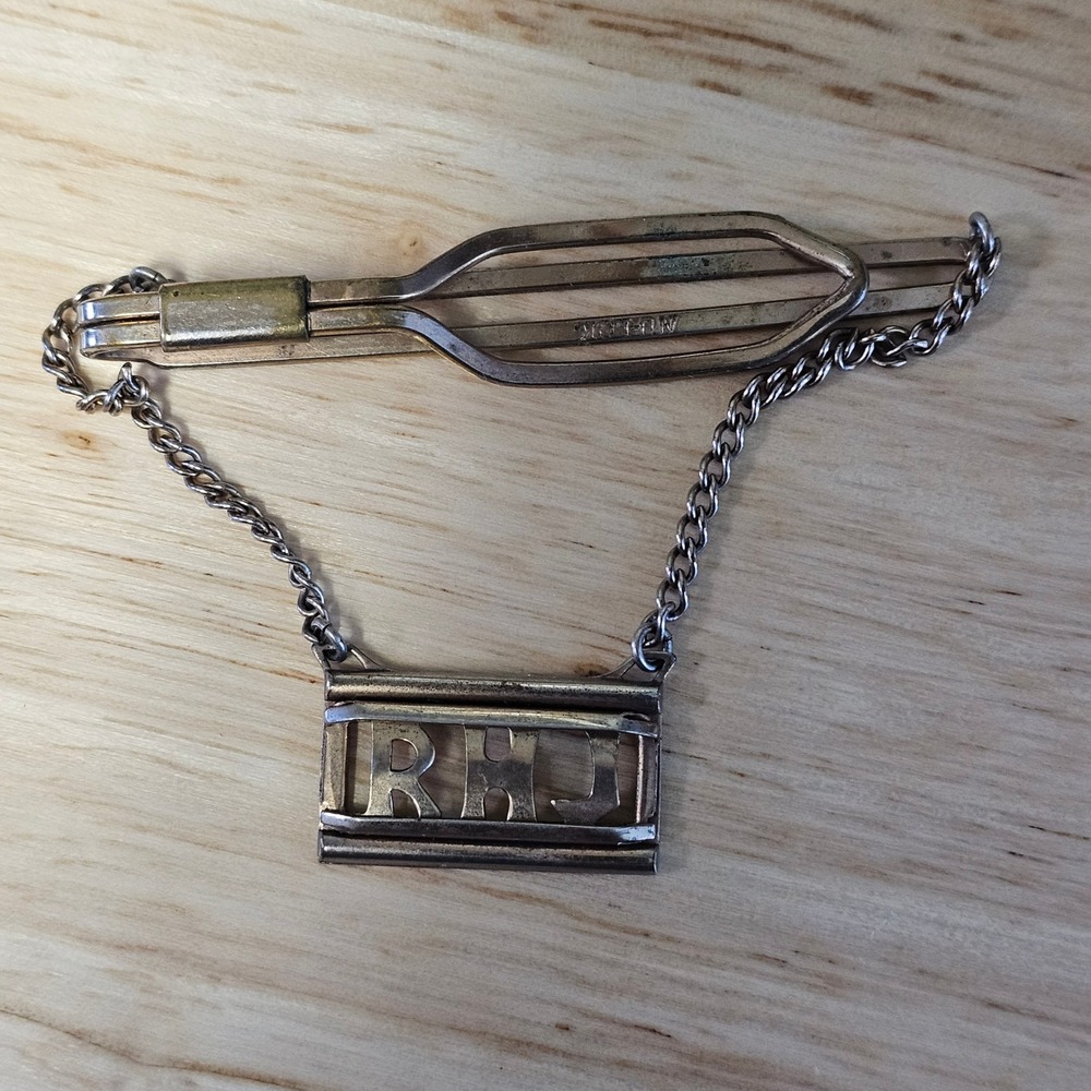 Vintage RHJ Monogram Tie Clip Chain Silver Tone Men Accessory
